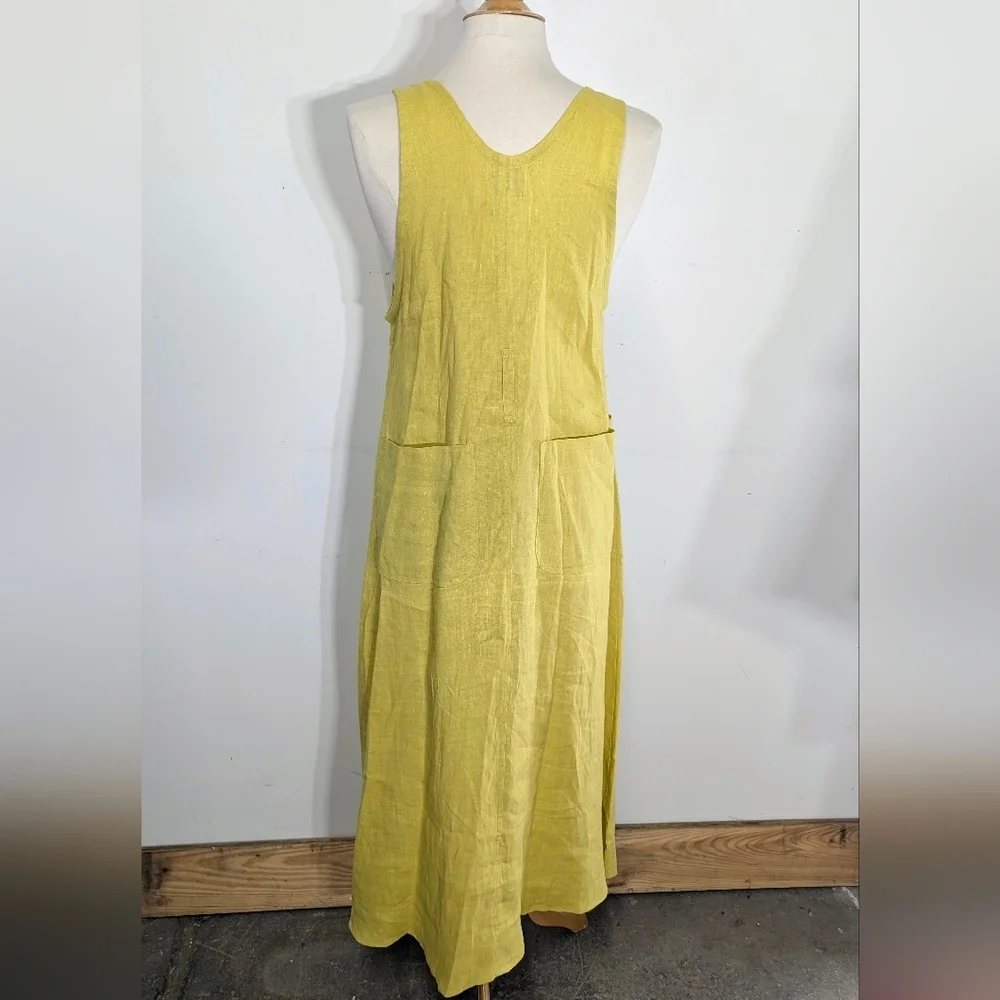 Yellow Sleeveless Linen Dress Pinafore Style Maxi With Pockets Art To Wear S Bib